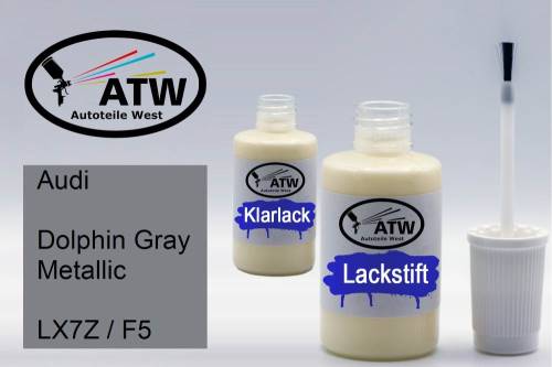 Audi, Dolphin Gray Metallic, LX7Z / F5: 20ml Lackstift + 20ml Klarlack - Set, von ATW Autoteile West.